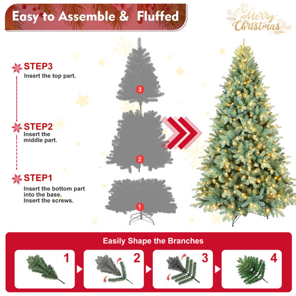 Artificial 8ft Blue Green Tint Christmas Tree With 2458 PE PVC Mixed Branch Tips, 650L Warm White Led, Memory Wire Iron Wire, Hinged Premium & Foldable Base For Indoor Holiday Decorating