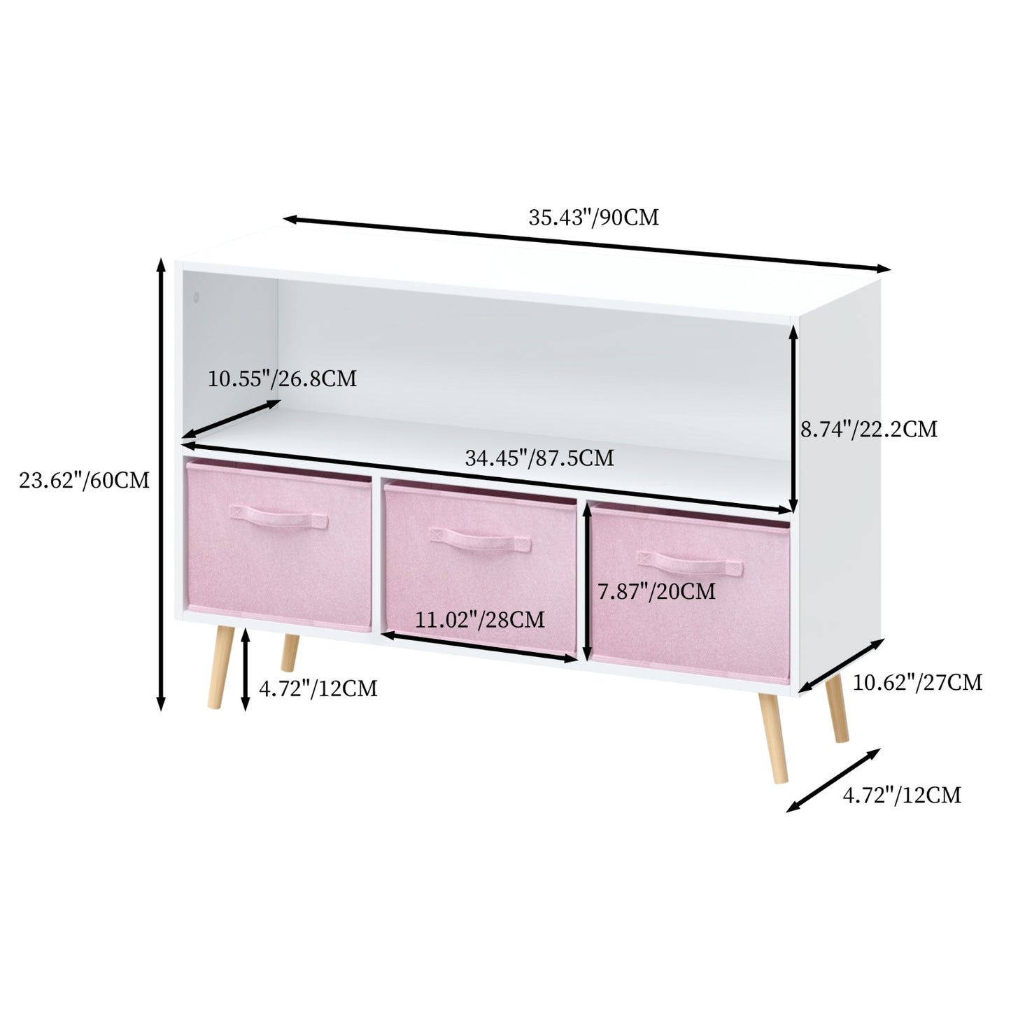 Kids Bookcase With Fabric Drawers, Children's Book Display & Toy Storage Cabinet