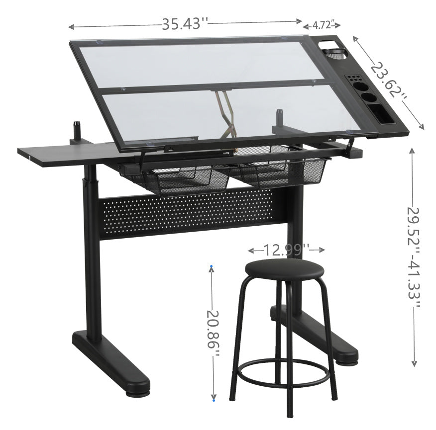 Hand Crank Adjustable Drafting Table Drawing Desk With 2 Metal Drawers  BLACK WITH STOOL