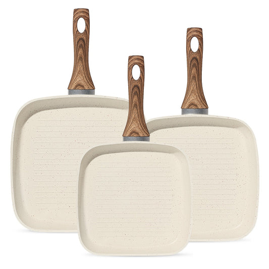 Nonstick Frying Pan Skillet Set, 3 Piece Square Grill Pans With Stay Cool Handle & PFOA Free, Compatible With All Stovetops