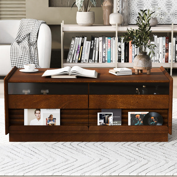 U-Can Modern Rectangle Coffee Table With 4 Drawers And 2 Display Shelves,  Wood Coffee Table With Fluted Style, Tempered Glass For Living Room