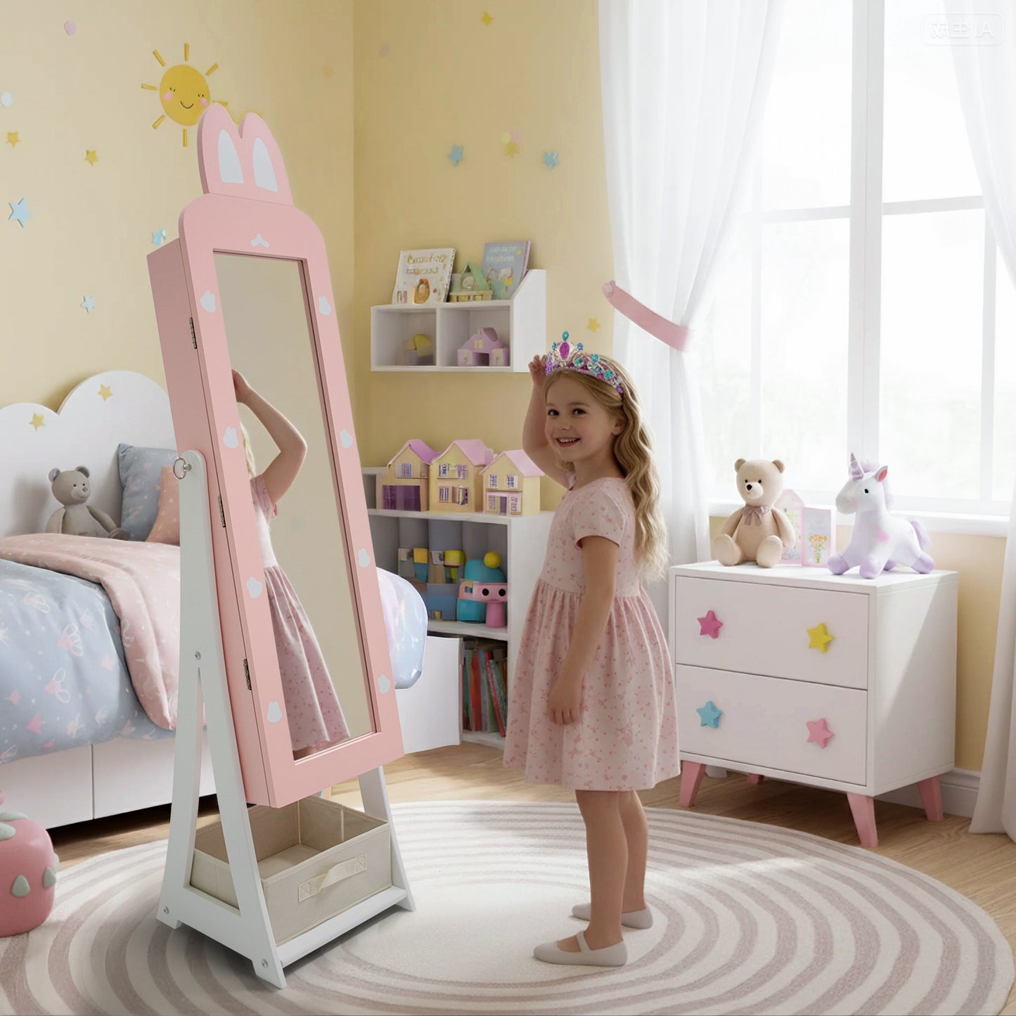 Jewelry Armoire Cabinet, Rabbit Themed Wooden Standing Jewelry Organizer W-Full-length Mirror And Storage Drawers, Children Dress Up Jewelry Cabinet For Little Girls Pink