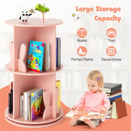 2-Tier Kids Rotating Bookshelf - Display For Books Toys, Bunny Baffles Child-Friendly Height, 22 Lbs Net Weight