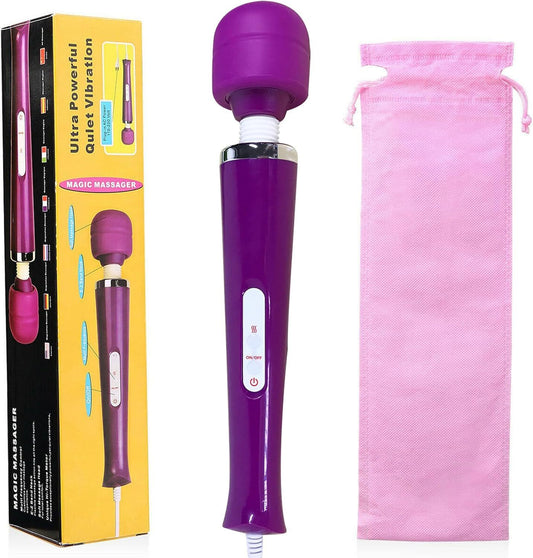 Purple magic massager with packaging, power cord, and pink pouch on a white background
