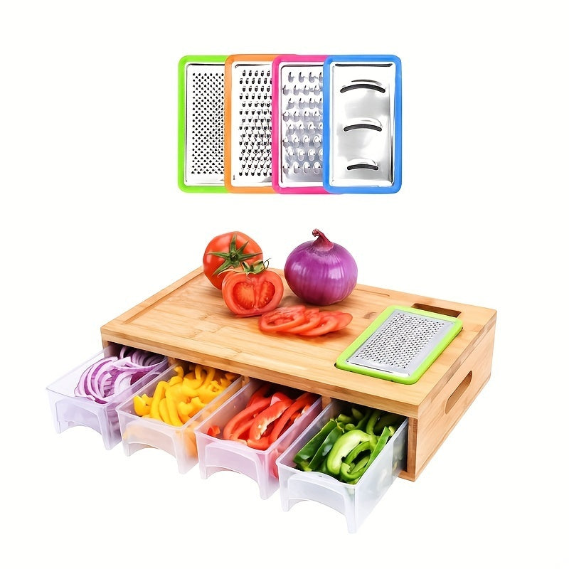 Bamboo Cutting Board With Drawer, Including 4 Vegetable Cutters, 4 Trays With Lids, Container And Vegetable Peeler Set, Cutting Board, Kitchen Bamboo Cutting Board