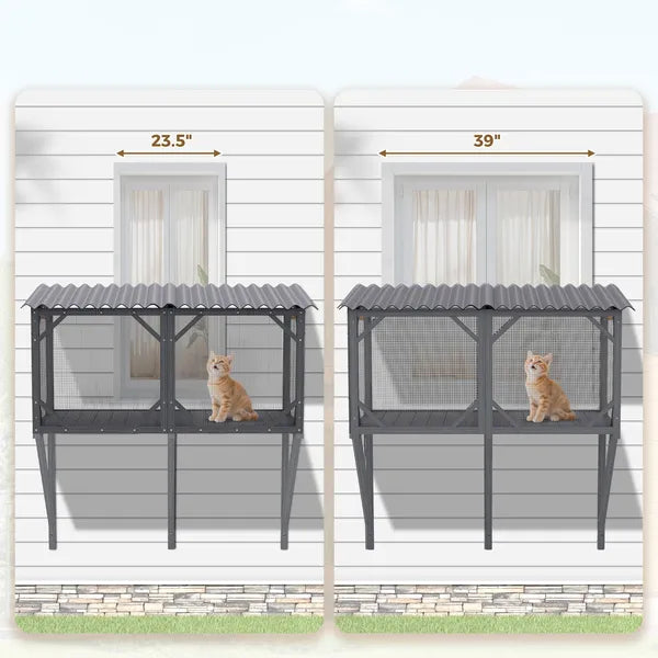 Two outdoor cat enclosures with dimensions and a cat inside on a white background.