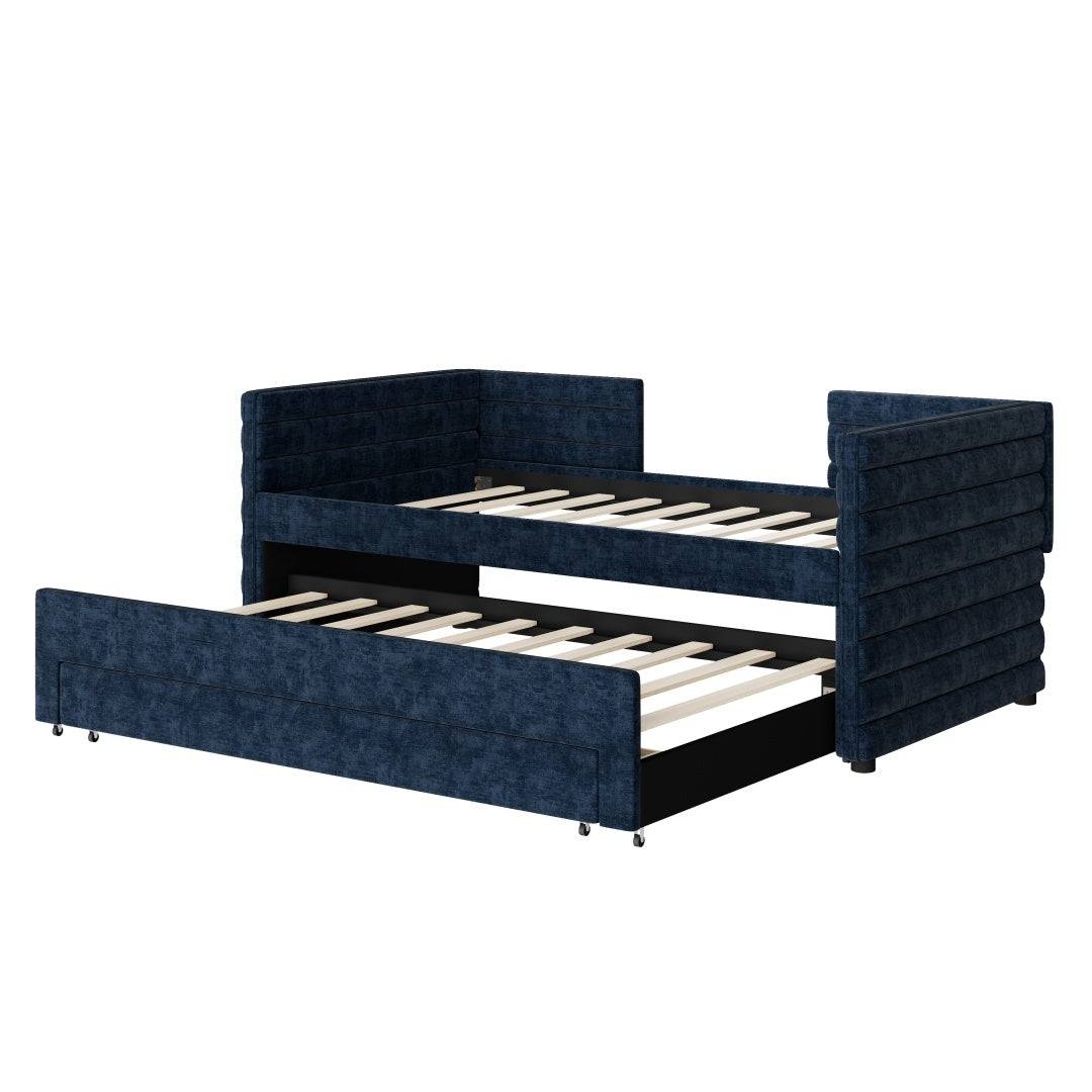 Twin Size Upholstered Daybed With Trundle And 3 Storage Drawers, Chenille Fabric Sofa Bed For Guest Room, Living Room, Space-Saving Modern Day Bed Frame, No Box Spring Needed