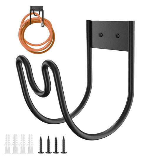 Black metal wall-mounted bike rack with orange bicycle tire and screws on a white background