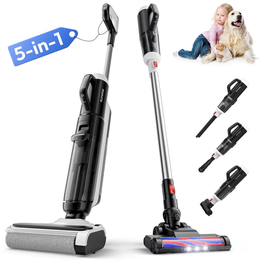 5-in-1 vacuum cleaner with attachments and lifestyle image of a child and dog.