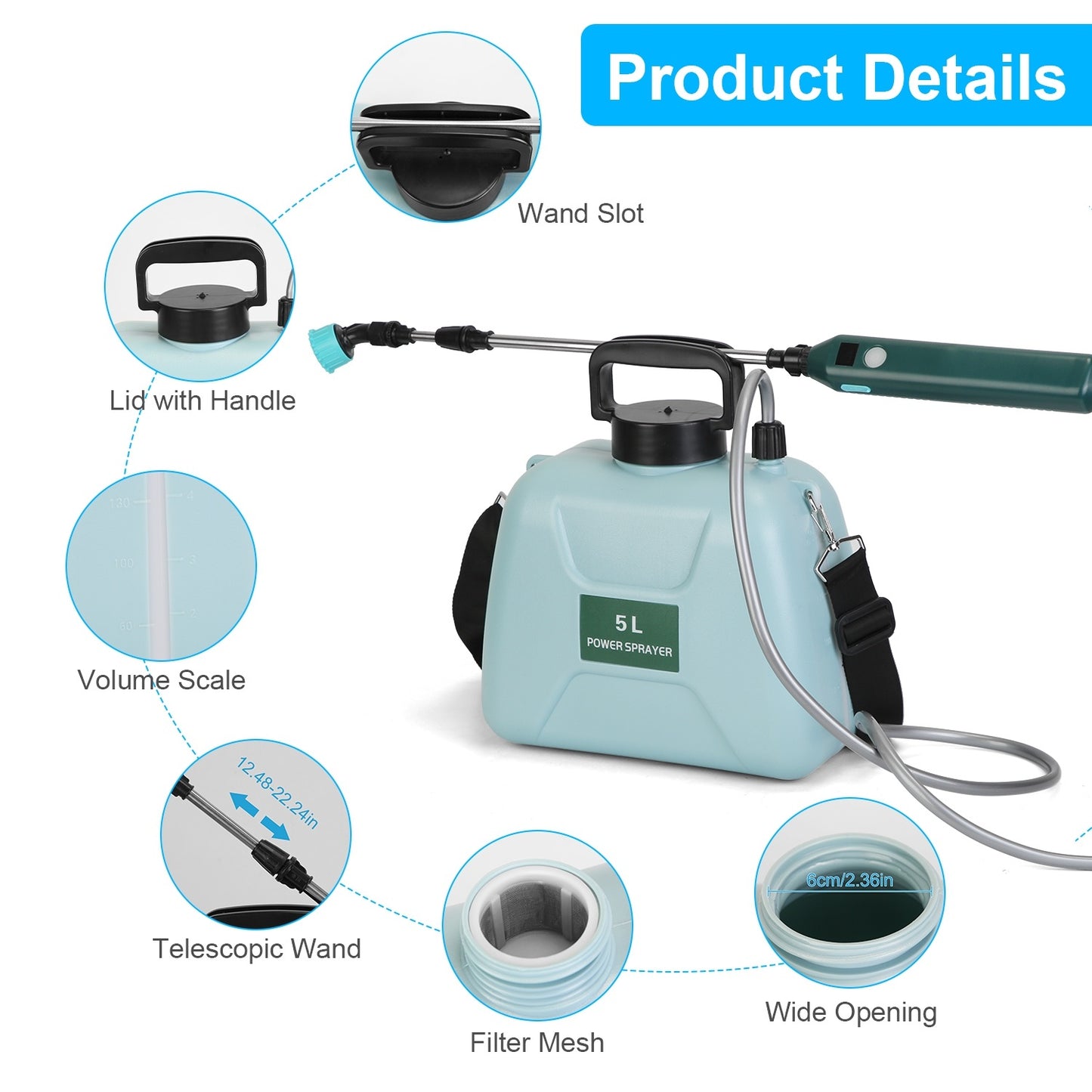 5L 1.32Gallon Battery Operated Water Sprayer Portable Garden Sprayer Electric Sprayer With Rechargeable Handle Telescopic Wand 3 Spray Nozzles Shoulder Strap For Lawn Garden