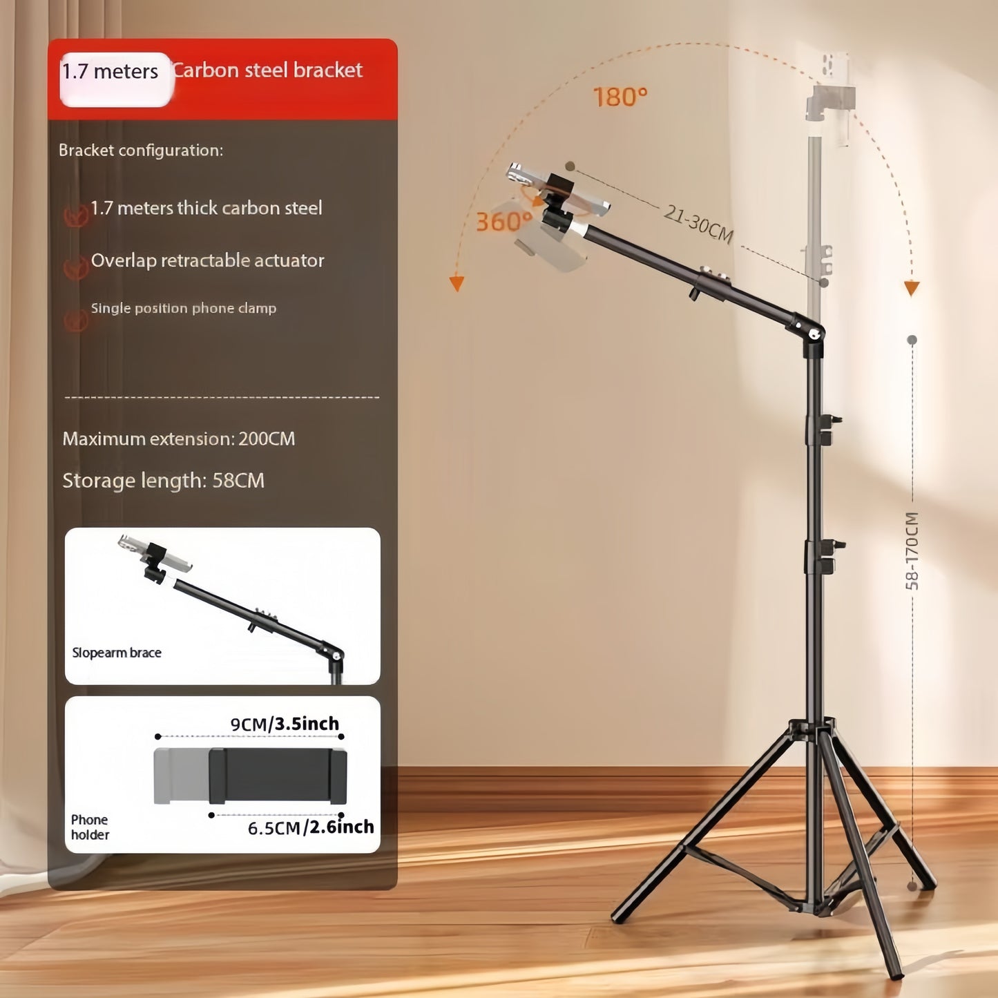 Adjustable 67-Inch Metal Floor Phone Tripod With Telescopic Arm, Suitable For Outdoor And Indoor Mobile Live Streaming And Photography - Mother's Day Gift, Photography Equipment ,Adjustable Height St