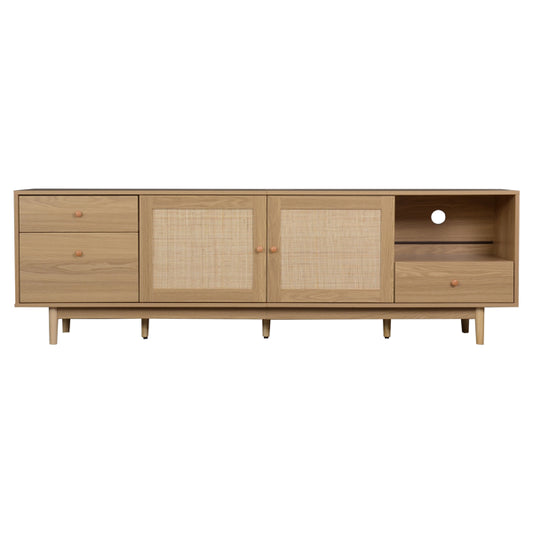 Wooden sideboard with rattan doors on a white background