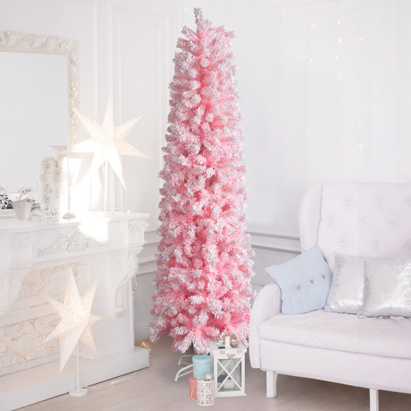 7.5 FT Snow Flocked Hinged Christmas Tree, Artificial Pencil Christmas Tree, Unlit Artificial Christmas Pine Tree With 641 Branch Tips And Sturdy Stand, Pink