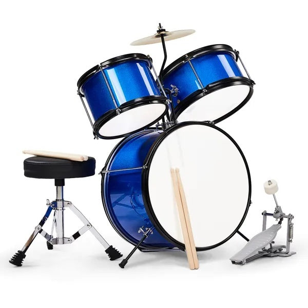 3-Pieces Junior Kids Drum Set Kit Pedal Drum Stick Wrench Drum Stool Dark Blue