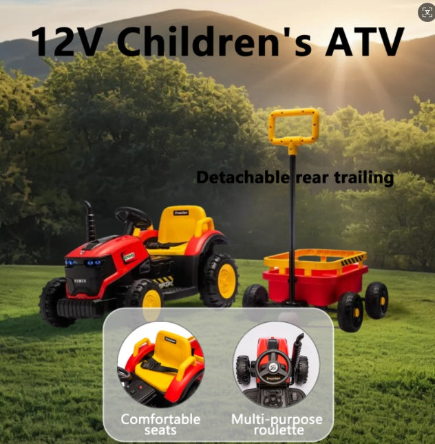 Kids Electric Ride On Tractor With Trailer, 12V Powered Children's Farm Tractor Toy Car With LED Lights, Music, PP Material, For 3-6 Years Old