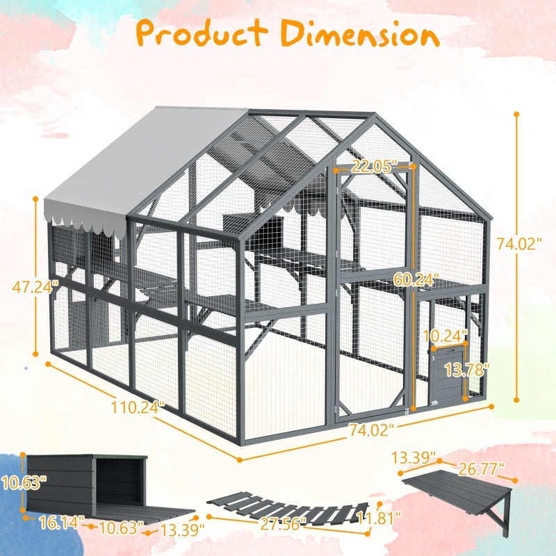 Extra Spacious Catio Outdoor Cat Haven, 110 Inch Luxury Cattery With Weather-Resistant Roof, Cat Climbing Ramp, Space Pod Bed, 2 Lounging Huts