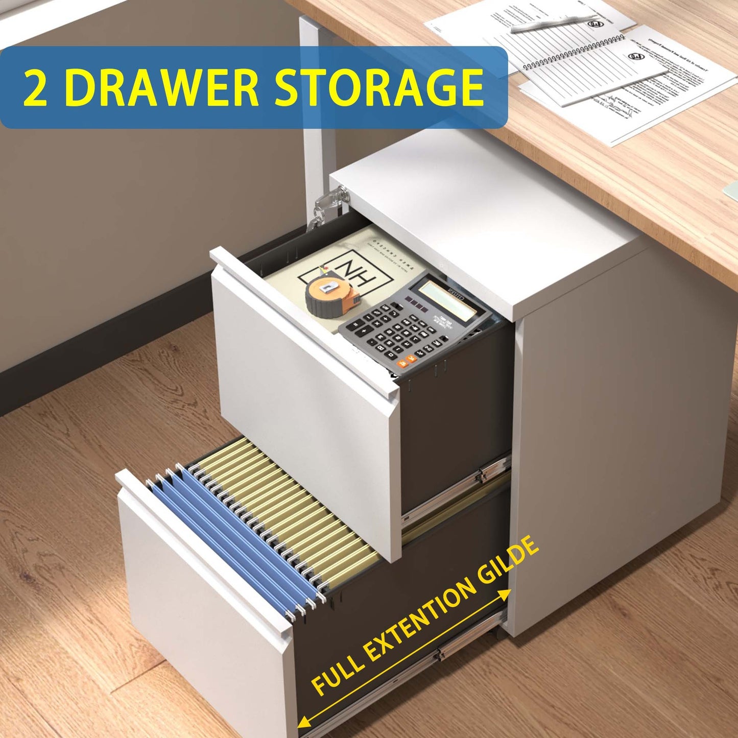 2 Drawer Metal  Mobile File Cabinet, Rolling File Cabinet With Lock For Hanging Legal Letter A4 Size,Fully Assembled Except Wheels
