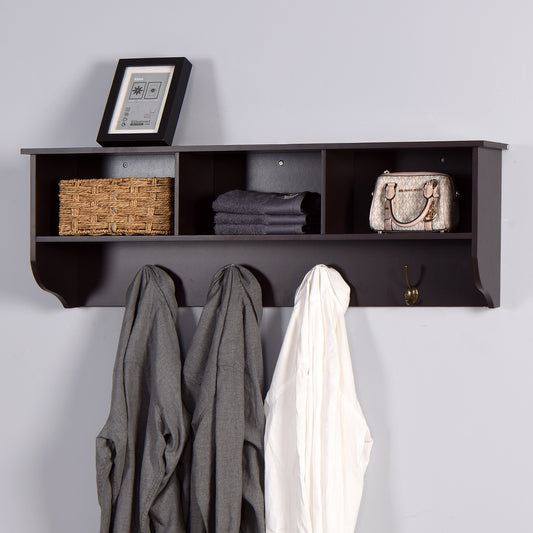 Espresso Wall Mounted Coat Rack With 4 Dual Hooks & Storage Shelf For Entryway