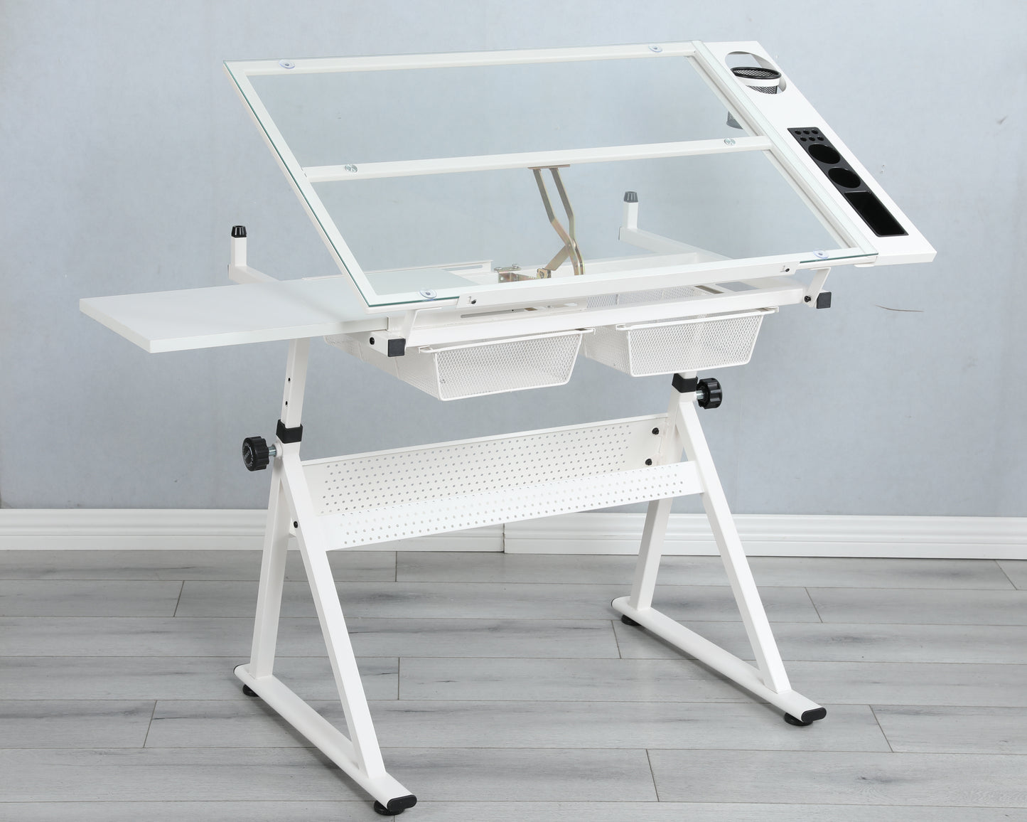 WHITE Adjustable Tempered Glass Drafting Printing Table With Chair