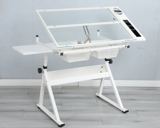 WHITE Adjustable Tempered Glass Drafting Printing Table With Chair
