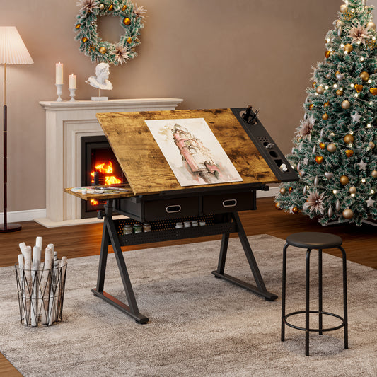 Adjustable Drawing Drafting Table Desk With 2 Drawers For Home Office And School With Stool  Wood