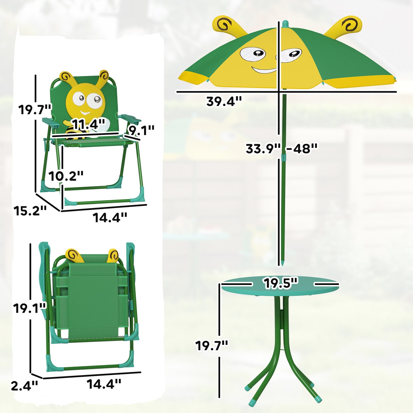 Kids Picnic Table And Chair Set, Outdoor Activity Table With Foldable Chairs, Height Adjustable Umbrella, Green