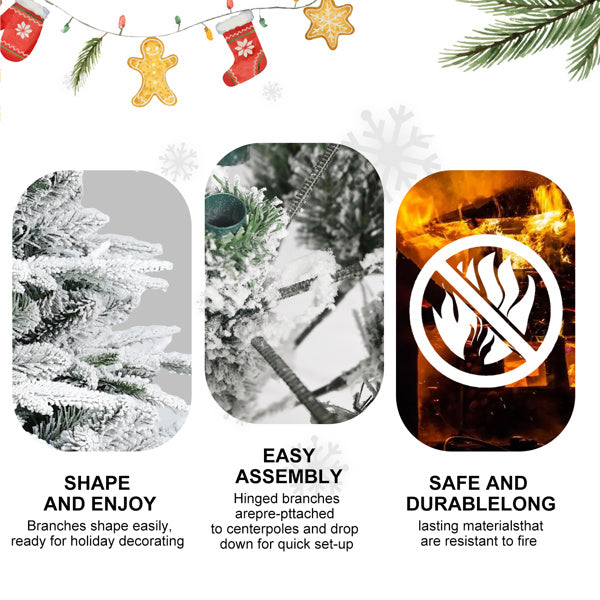 Artificial 7.5ft Flocked Christmas Tree With 3135 PE PVC Mixed Branch Tips, 650L Warm White Led, Steel Wire Wire, Hinged Premium & Foldable Base For Indoor Holiday Decorating