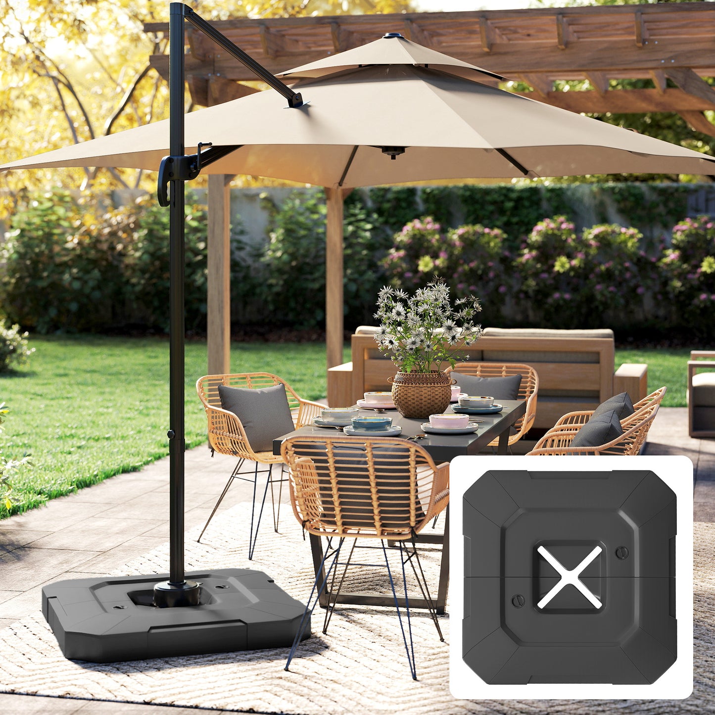 Outdoor patio set with beige umbrella and table in a garden setting