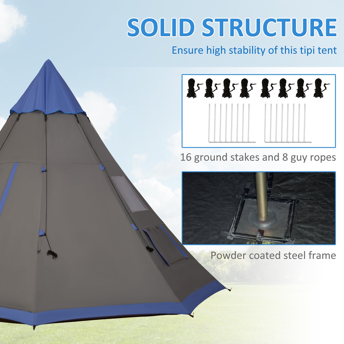 Tipi tent with solid structure features, including ground stakes and guy ropes, on a clear sky background.