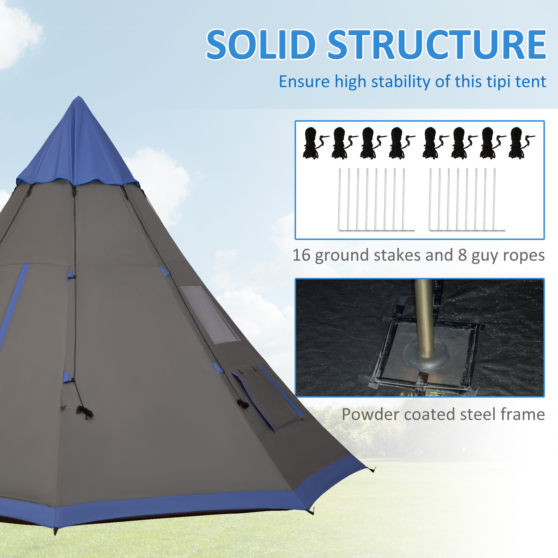 Tipi tent with solid structure features, including ground stakes and guy ropes, on a clear sky background.