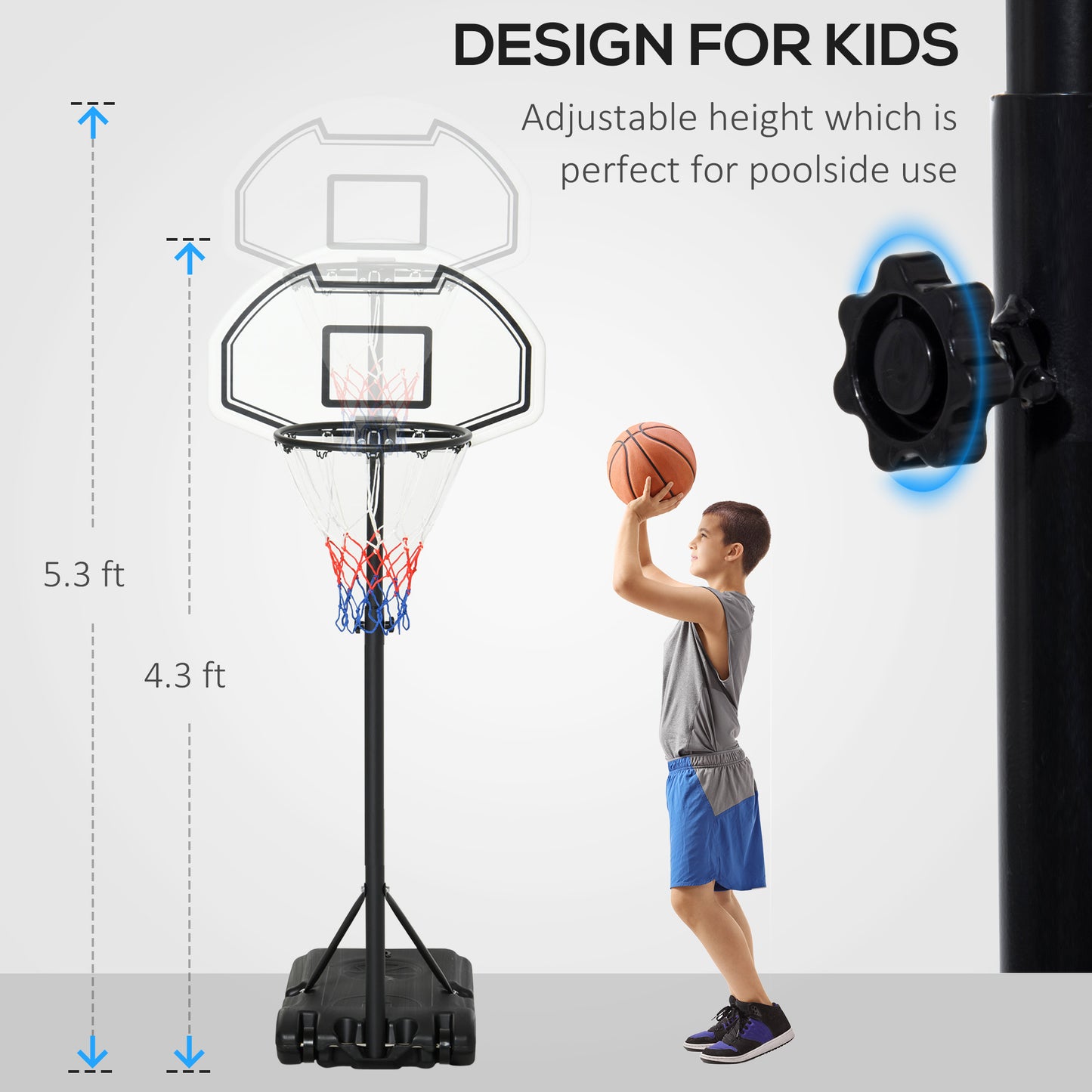 Children's basketball hoop with adjustable height for poolside use, featuring a boy playing with a ball.