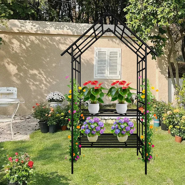 2 in 1 Metal Garden Arch With Bench Turned Into Flower Stand W58.07*H97.24 Climbing Plants Support Rose Arch Outdoor Black