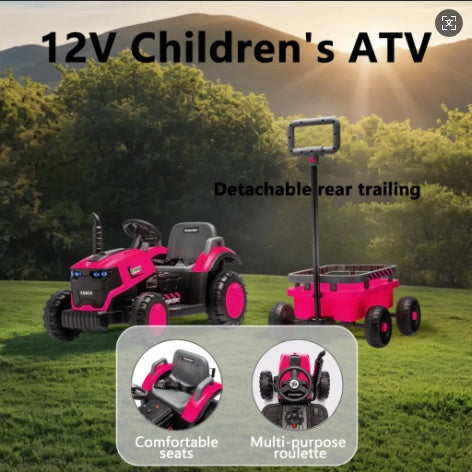 Kids Electric Ride On Tractor With Trailer, 12V Powered Children's Farm Tractor Toy Car With LED Lights, Music, PP Material, For 3-6 Years Old