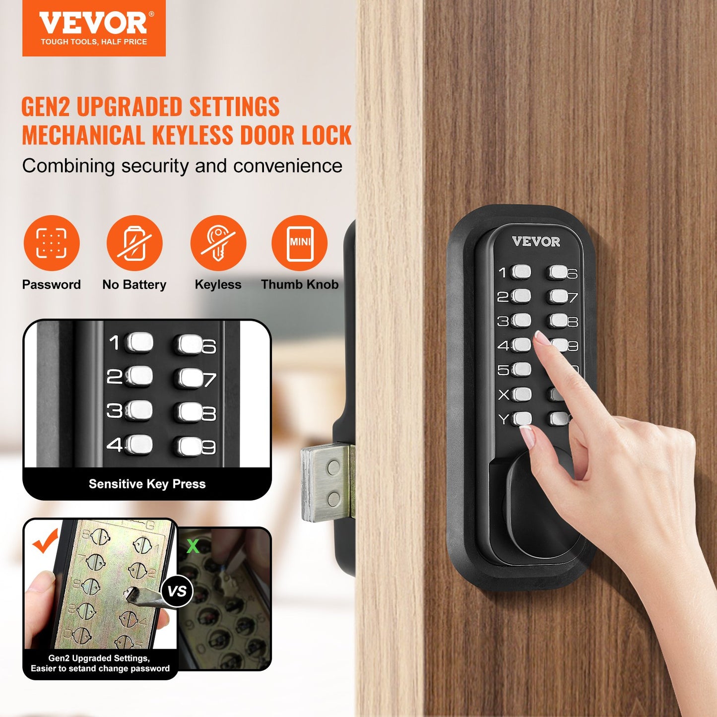 VEVOR Mechanical Keyless Entry Door Lock, 14 Digit Keypad, Outdoor Gate Door Locks Set With Surface-mounted Latch, Water-proof Zinc Alloy, Keypad And Knob, Easy To Install, For Garden, Garage, Yard