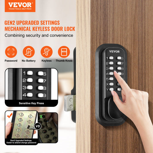 VEVOR Mechanical Keyless Entry Door Lock, 14 Digit Keypad, Outdoor Gate Door Locks Set With Surface-mounted Latch, Water-proof Zinc Alloy, Keypad And Knob, Easy To Install, For Garden, Garage, Yard
