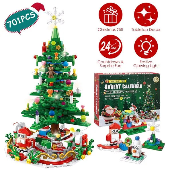 Christmas Tree Building Toy - 701 Pcs With 24-Day Countdown Calendar, 30 LED Warm Lights USB Powered - Santa, Ornaments, Snowflake Topper - Educational Blocks For Kids 3-6, Tabletop Decor