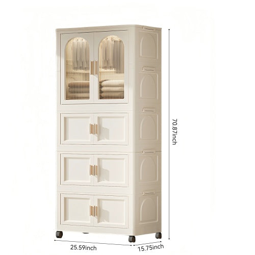 25.59 Side Wide Folding Wardrobe , 25.59x15.75x70.87 , With Magnetic Door, Plastic Storage Cabinet With Wheels One Layer Of Wardrobe X Three Layers Of Folding Boxesx10 Hangers