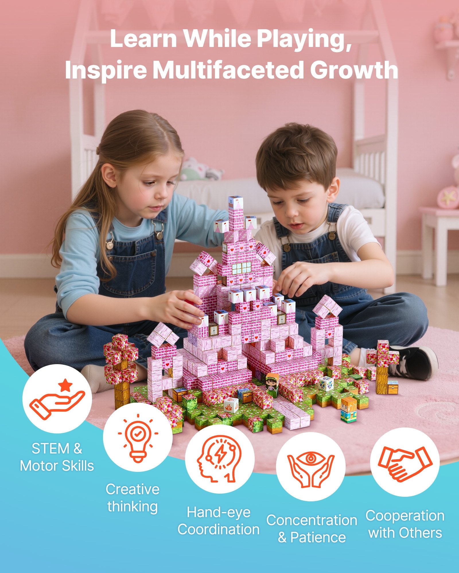Two children playing with building blocks in a room with educational benefits highlighted.