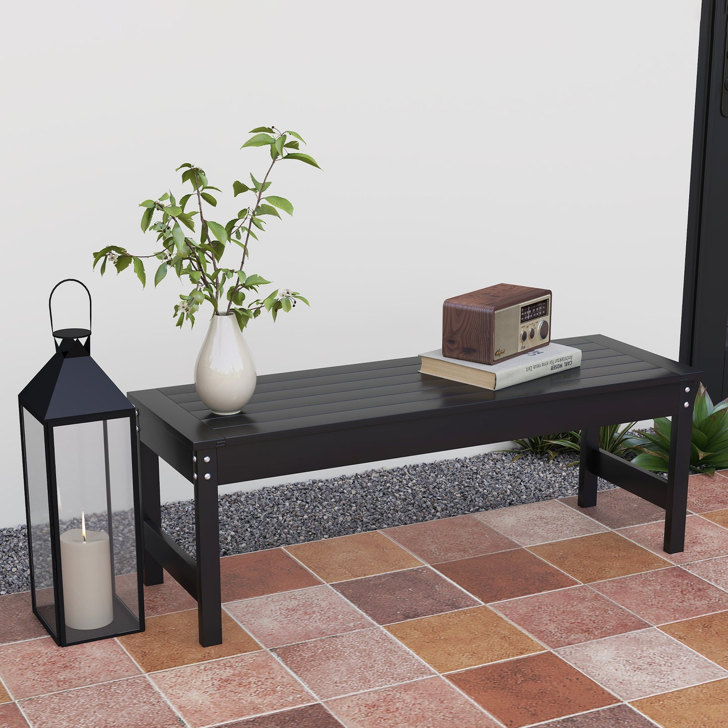 47 Outdoor Bench Seat, HDPE All-Weather Garden Bench, Backless Slatted Patio Bench For Yard, Porch, Park, Black