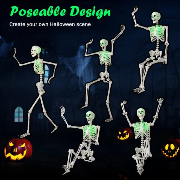 5.5ft Life-Size Pre-Lit Halloween Skeleton - Built-In Green LED Lights  Eyes Chest , Fully Poseable Joints, PP PE Material
