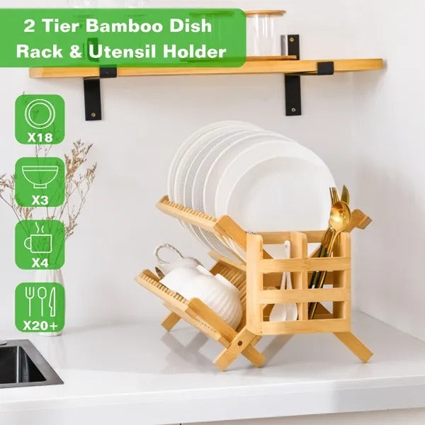 Collapsible 2-Tier Bamboo Dish Drying Rack Foldable Wooden Dish Drainer With Utensil Holder, Space-Saving Dish Rack For Kitchen Countertop