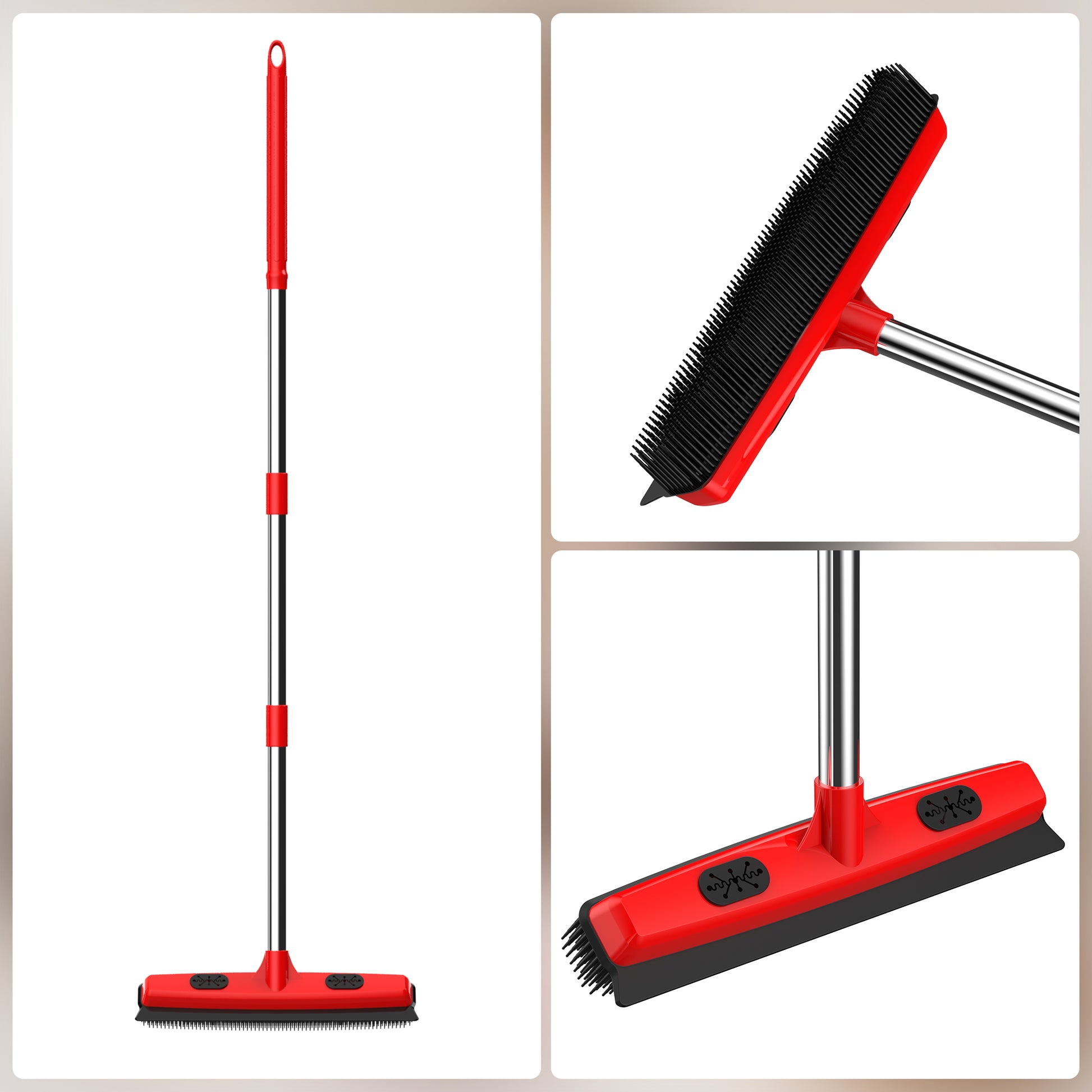 Red and black broom with different attachments on a white background