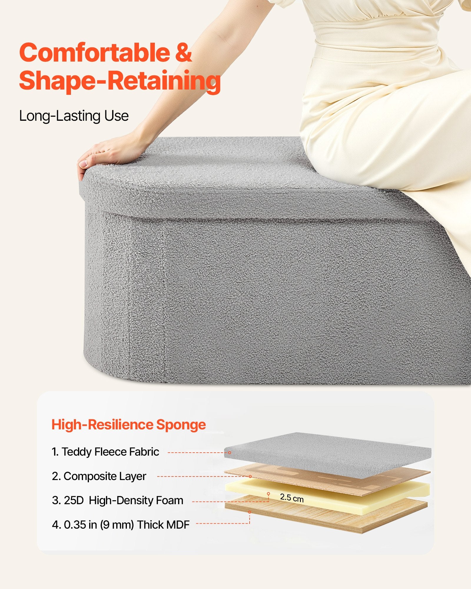 Gray step stool with a person sitting on it, labeled 'Comfortable & Shape-Retaining' and 'Long-Lasting Use'.