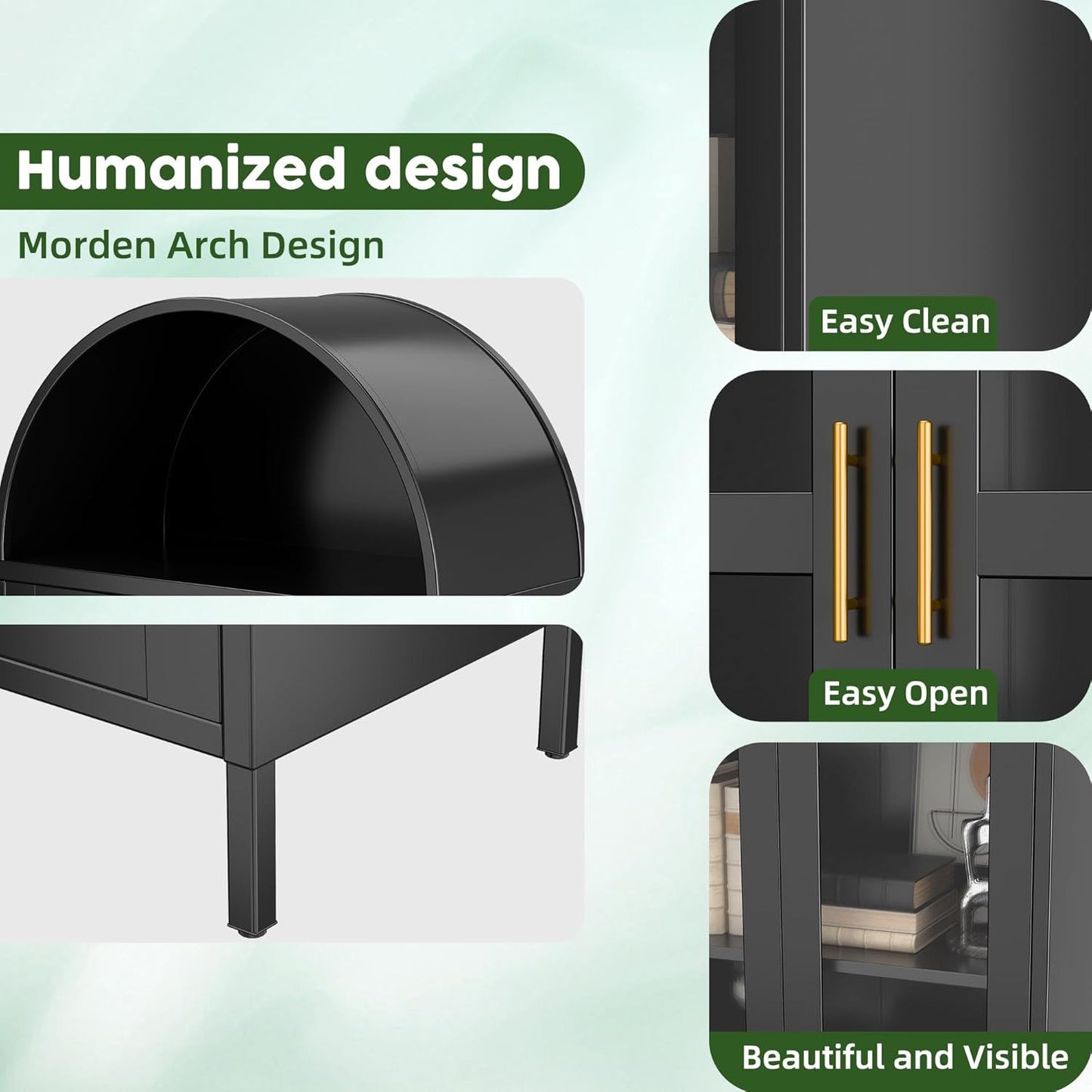 73 In Tall Metal Arched Cabinet, Kitchen Pantry Cabinet With Glass Doors, Modern Farmhouse Arched Bookcase With 2 Drawers And 2 Adjustable Shelves For Living Room, Black, Assembly Required