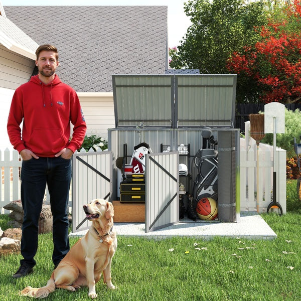 Garbage Bin Shed Stores 2 Trash Cans Metal Outdoor Bin Shed For Garbage Storage,54 Cubic Feet Of Space,Stainless Galvanized Steel, Bin Shed For Garden Yard Lawn,Grey