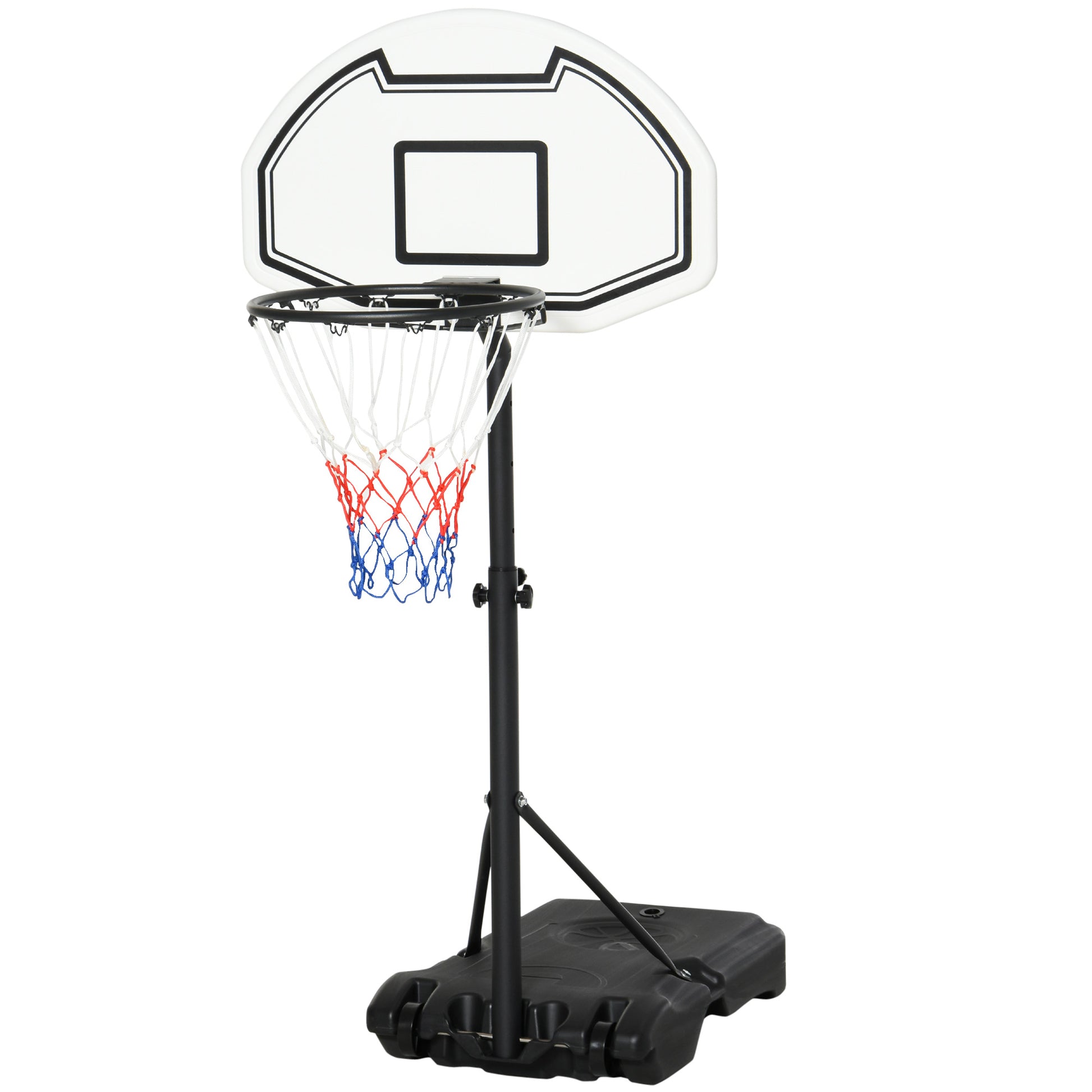 Portable basketball hoop with clear backboard and red and blue rim on a white background