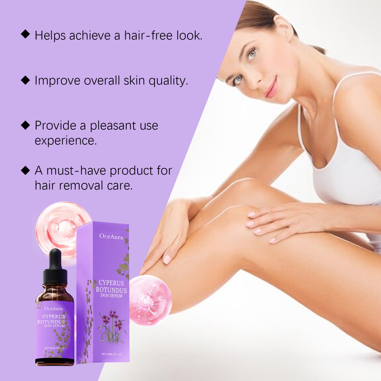 Woman with hair removed from leg, product packaging, and text on a purple background
