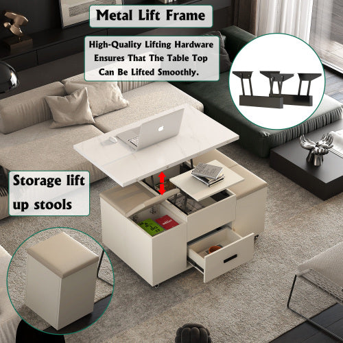 Modern Lift-Up Coffee Table With 4 Stools Set For Living Room Expandable 1 Hidden Storage 2 Drawers Space Saving Folding Dining Table
