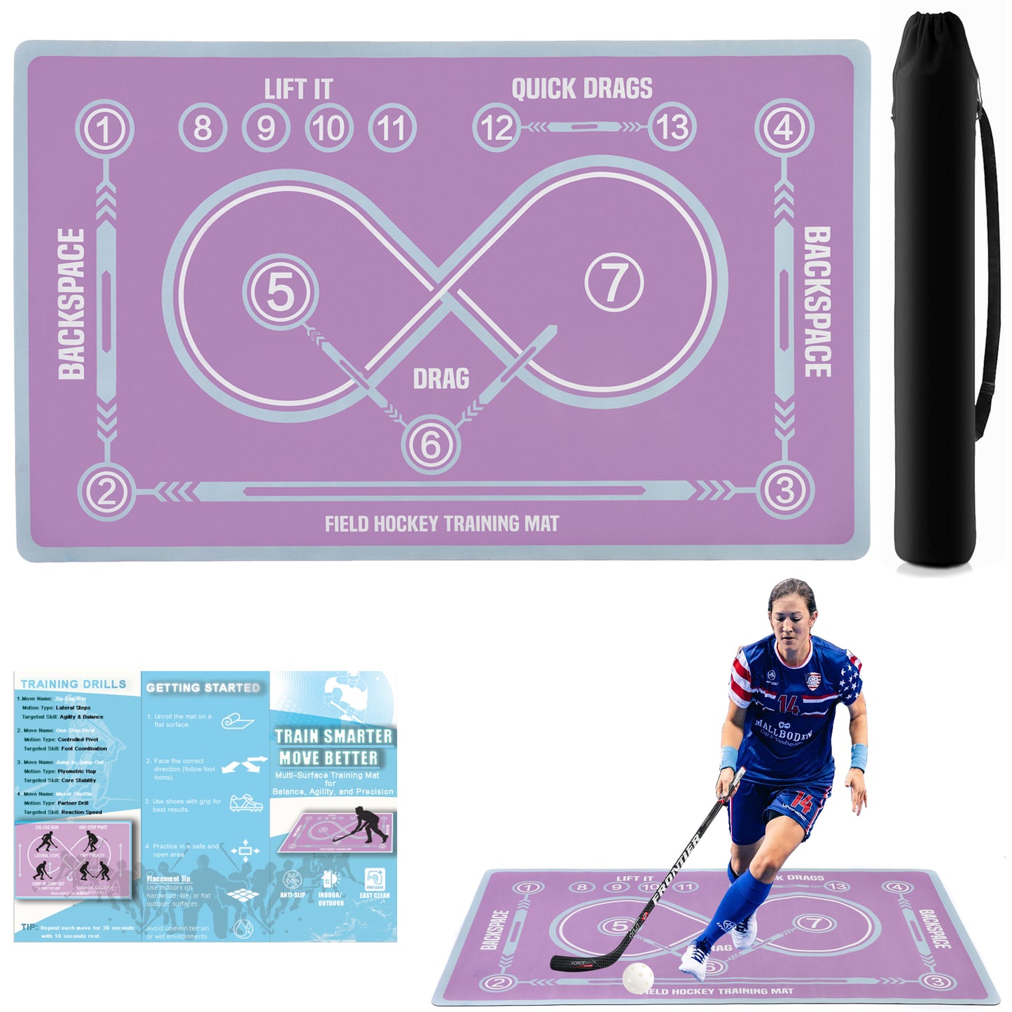 Machine Washable Hockey Training Mat - 59 X 35 Inch Stickhandling Practice Surface For Beginners - Indoor Visual Hockey Skills Trainer For Youth - Anti-Slip Rubber Base - Gentle Cycle Only.