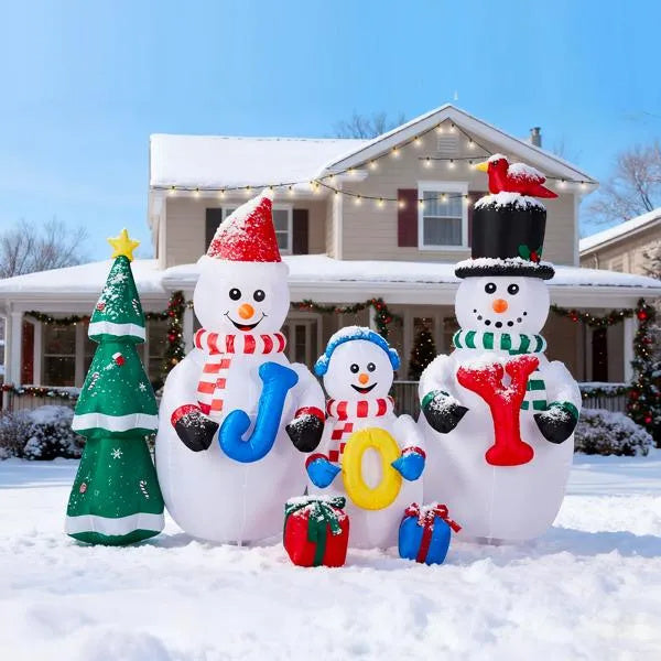 8FT Lighted Christmas Inflatable Decoration, Inflatable Snowman Family With JOY And Xmas Tree, Funny Blow Up Yard Decorations With Built-in LED Lights For Holiday Party Front Yard Lawn Garden Decor